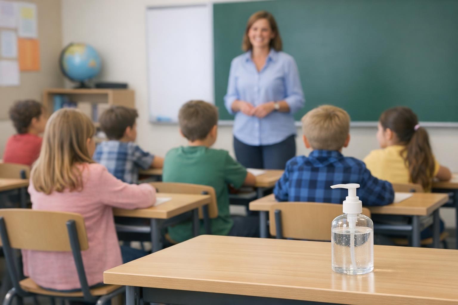 Zdjęcie przedstawiające klasę z uczniami i nauczycielem — czyste biurko, płyn do dezynfekcji na stoliku