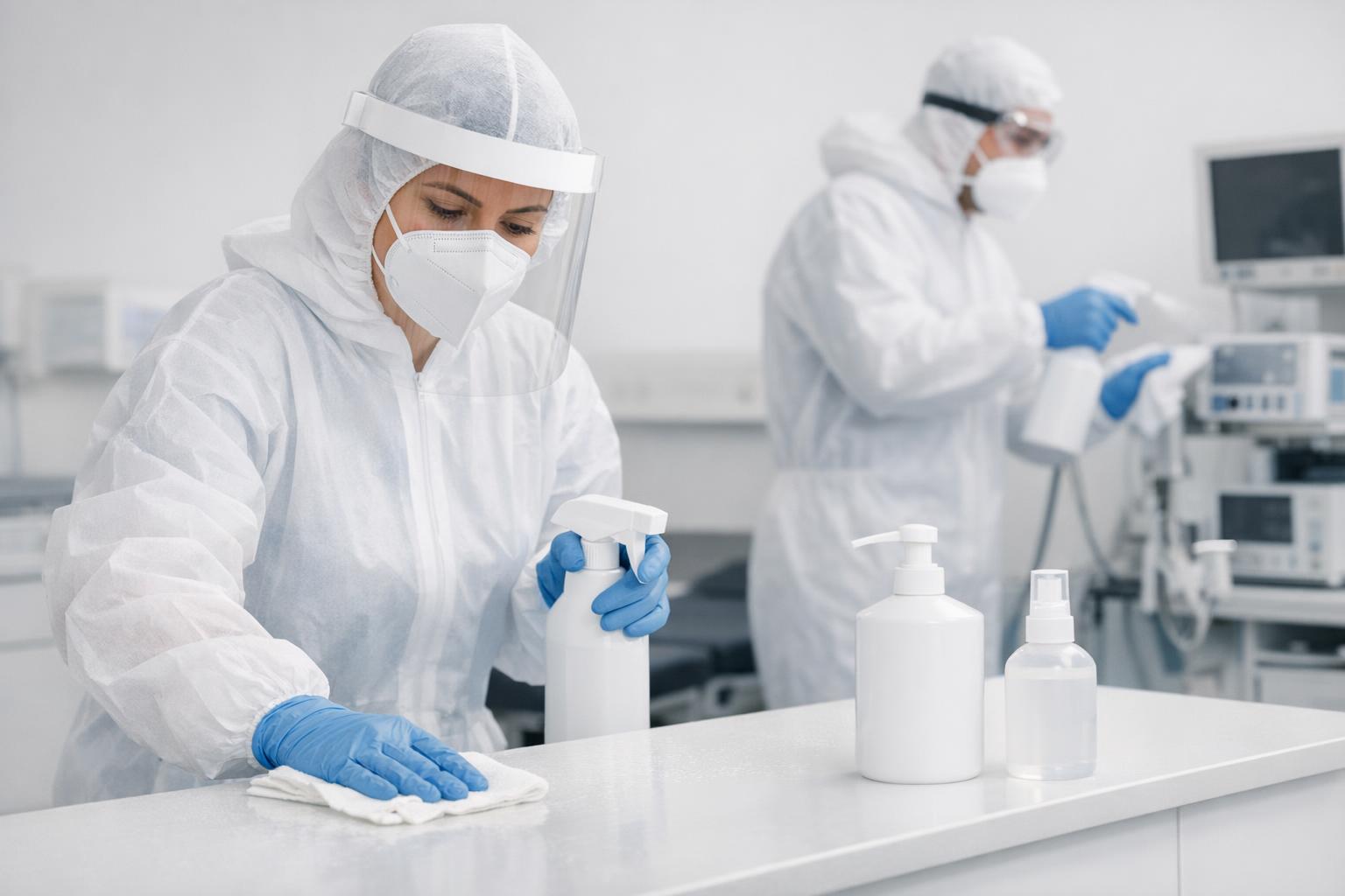 Zdjęcie: personel dezynfekujący blaty i sprzęt medyczny używając produktów Medisept